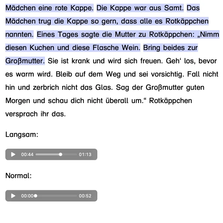 Screenshot mit den gesprochenen Audiospuren in langsam und normal