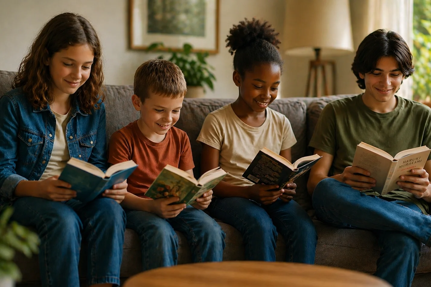 4 Kinder lesend auf einer Couch