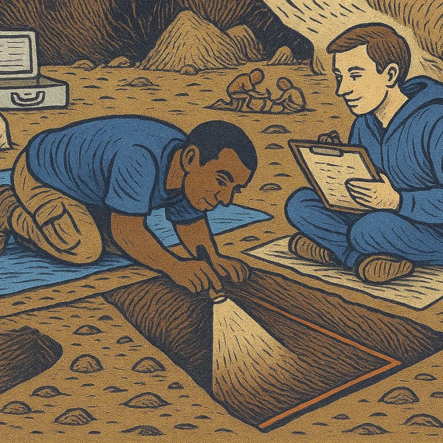 Archäologen bei einer Bodenausgrabung Illustration von zwei Archäologen, die eine Ausgrabung am Boden ausleuchten und Notizen machen.