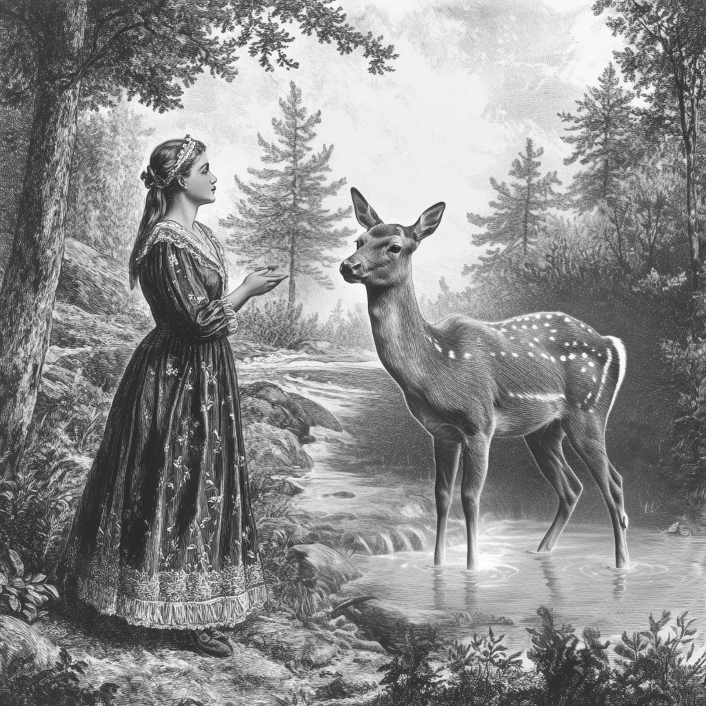 Brüderchen und Schwesterchen Das Schwesterchen steht links und das Brüderchen als verzaubertes Reh im Bach rechts