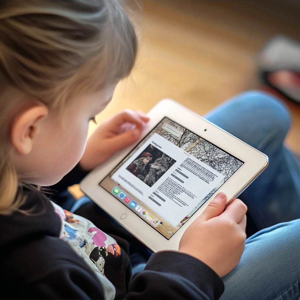 Kind liest das Lese-Karaoke Audio-Ebook auf einem Tablet