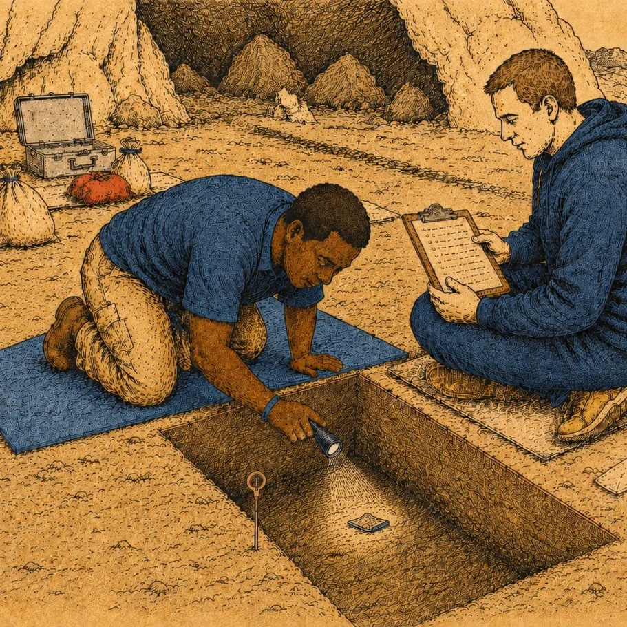 Archäologen bei einer Bodenausgrabung Illustration von zwei Archäologen, die eine Ausgrabung am Boden ausleuchten und Notizen machen.