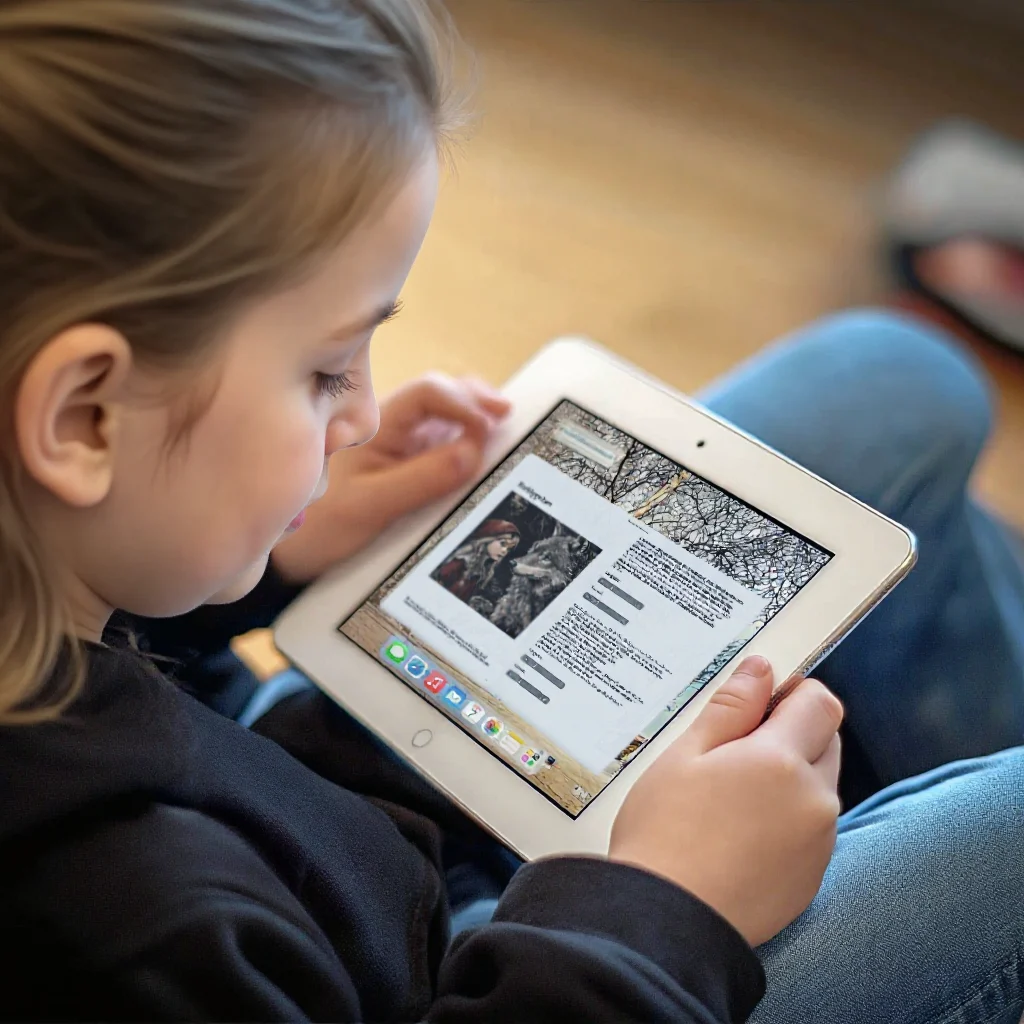 Kind liest das Lese-Karaoke Audio-Ebook auf einem Tablet
