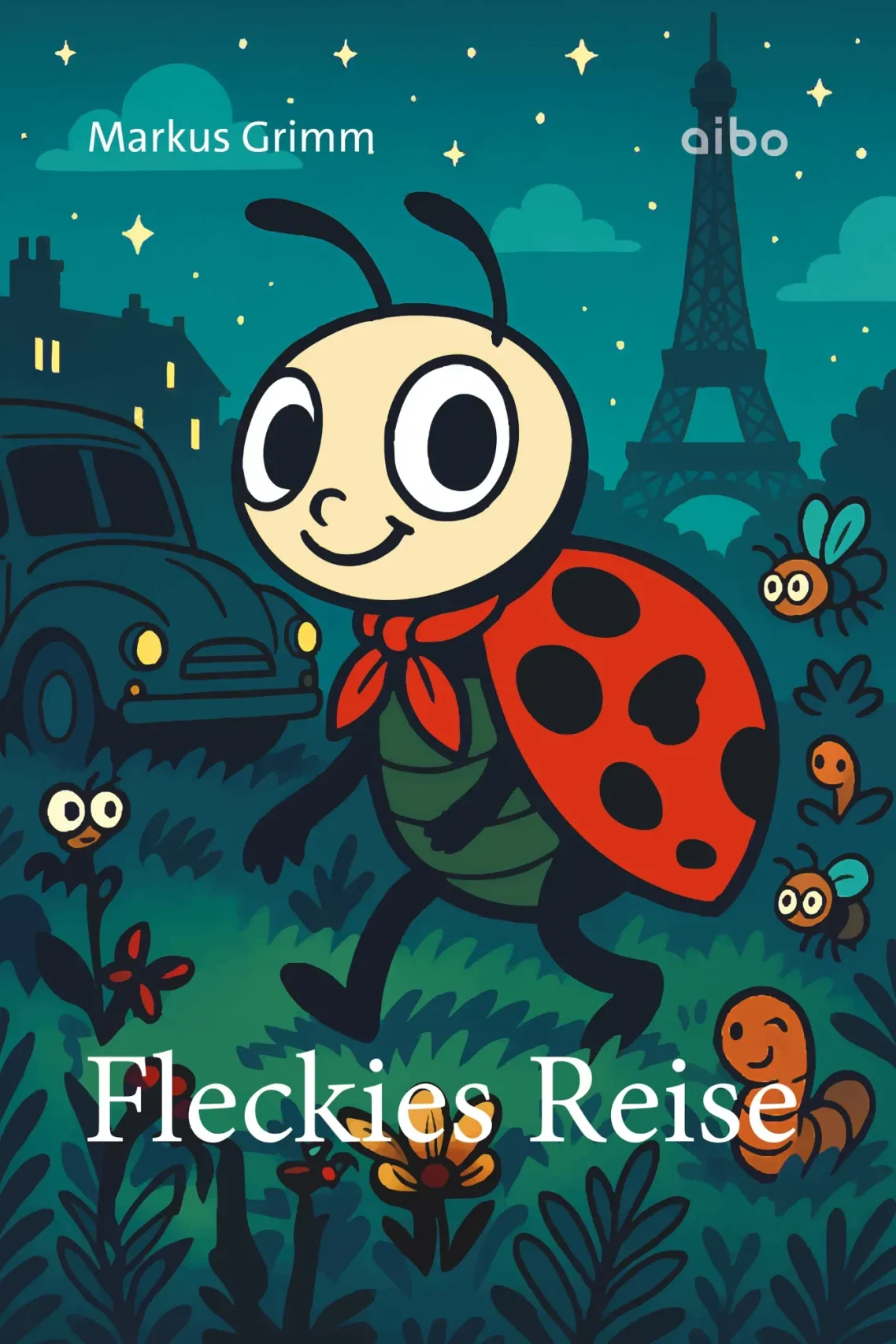 Titelbild Fleckies Reise Titelbild Fleckies Reise. Die Illustration zeigt die die Hauptfigur Fleckie bei Nacht. Im Hintergrund eine Auto und der Eiffeilturm.
