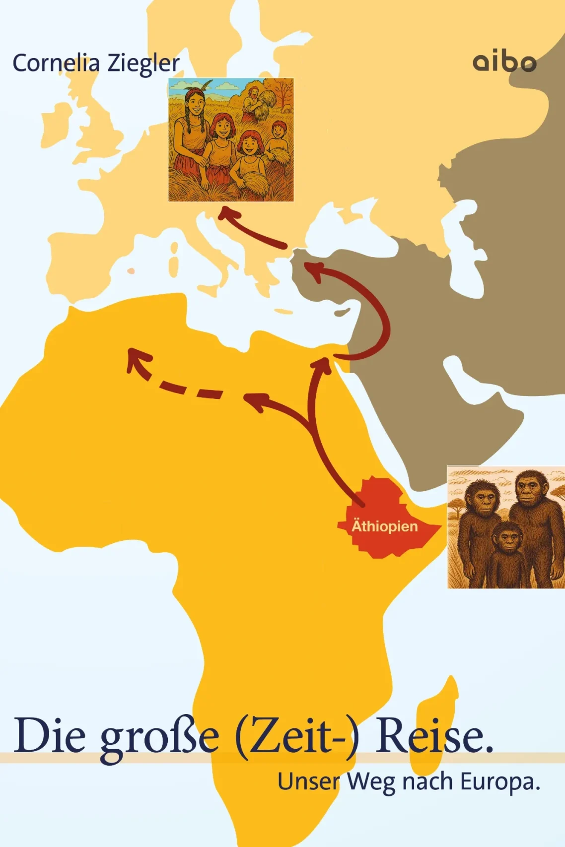 Titelbild Die große (Zeit-) Reise Titelbild Die große (Zeit-) Reise. Unser Weg nach Europa. Mit einer Landkarte im Hintergrund, mit dem Weg von Äthiopien nach Mitteleuropa.