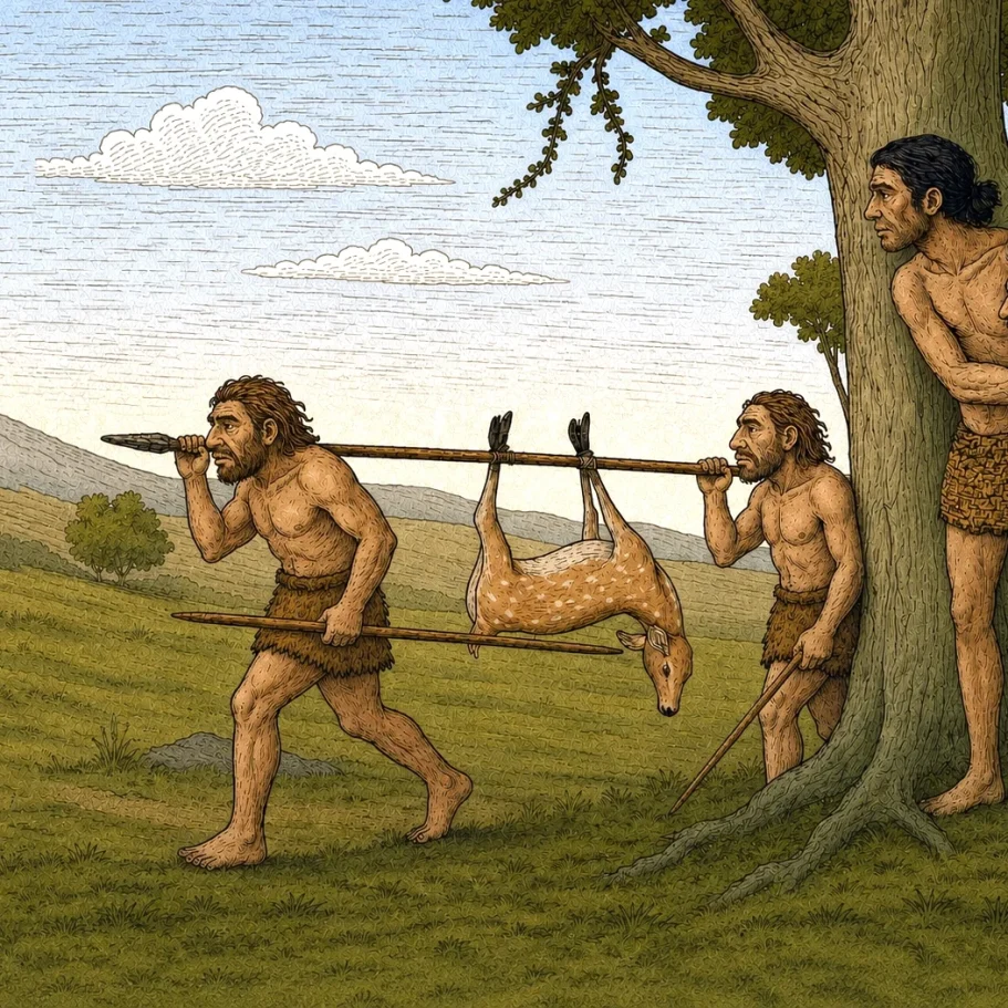 Neandertaler und Homo sapiens Illustration zweier Neandertaler, die von einem Homo sapiens bei der Jagd beobachtet werden.