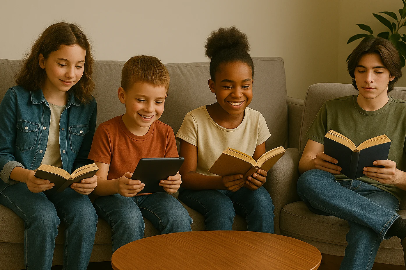 4 Kinder lesend auf einer Couch