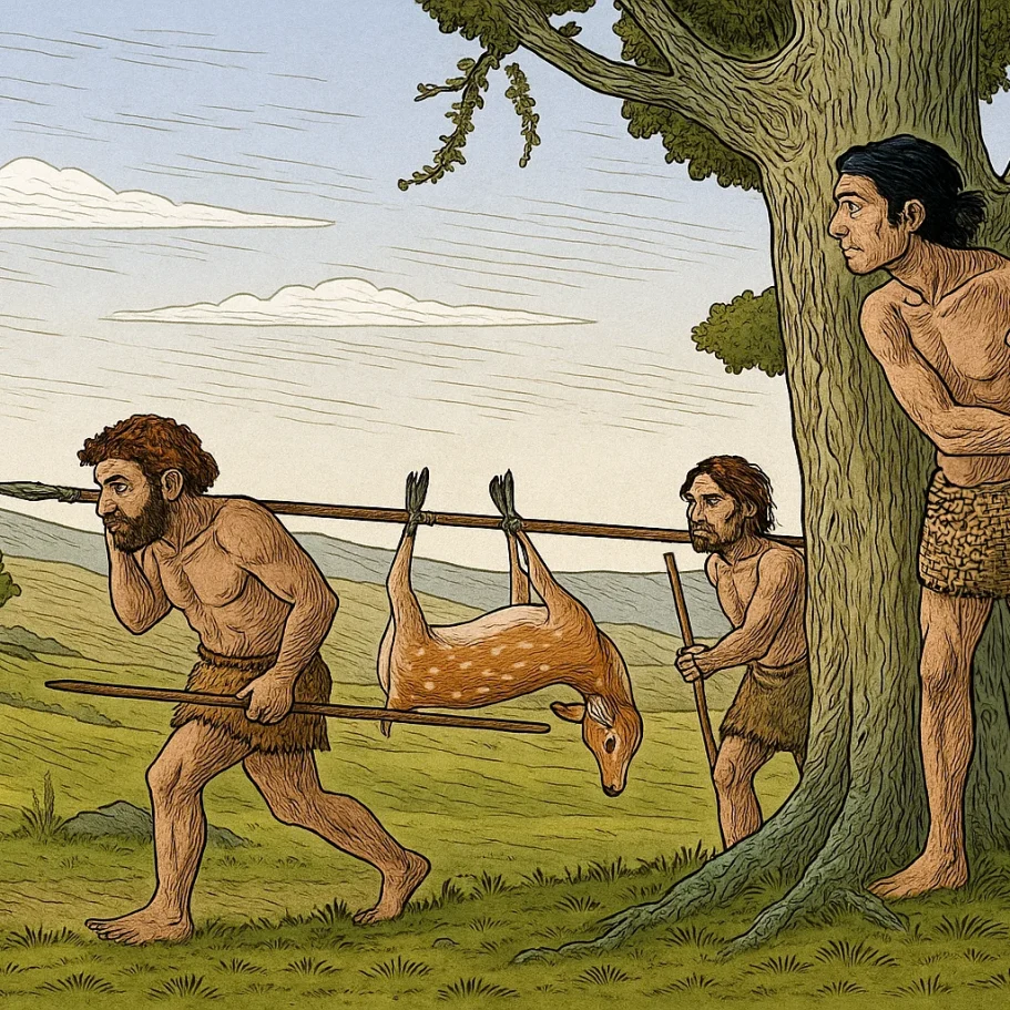 Neandertaler und Homo sapien Illustration zweier Neandertaler, die von einem Homo sapiens bei der Jagd beobachtet werden.