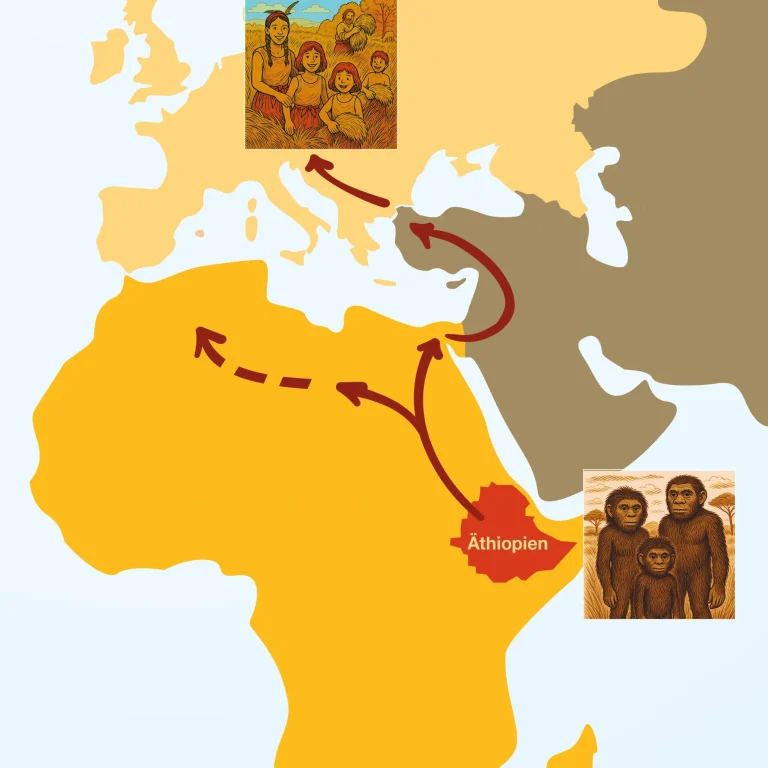 Titel-Grafik des Buches Die große (Zeit-) Reise. Es zeigt eine Landkarte mit Afrika und Europa und den Weg von Äthiopien nach Mitteleuropa.