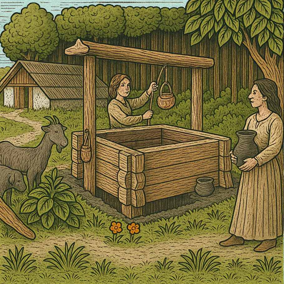 Steinzeitliches Leben Illustration eines steinzeitlichen Dorfes mit einem Brunnen, zwei Frauen und einer Ziege.
