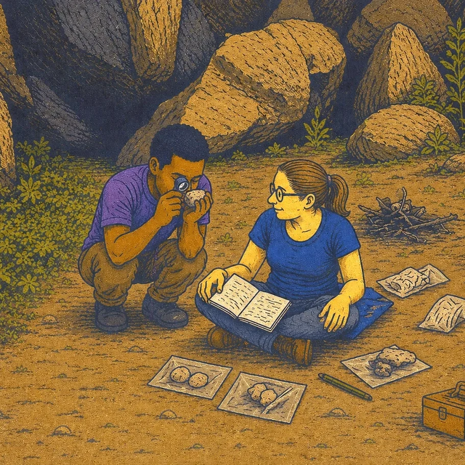 Archäologen bei der Arbeit Illustration zweier Archäologen (ein Mann und eine Frau), die Steine untersuchen und Notizen machen.