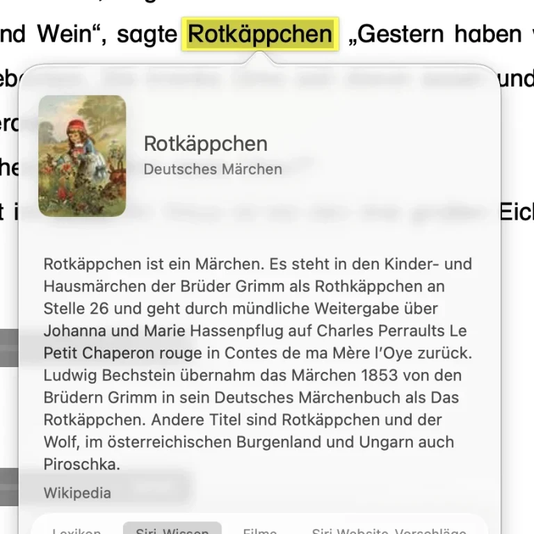 Screenshot mit der Nachschlagenfunktion